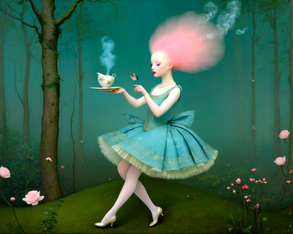 Young girl with pink hair and blue dress on green hill