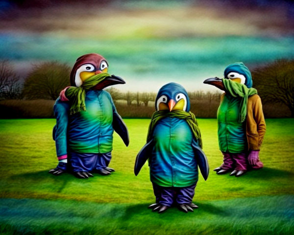 Cartoon Penguins on Green Lawn Under Colorful Sky