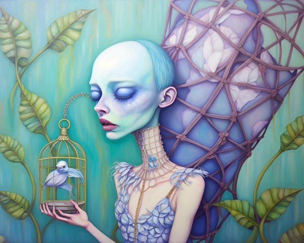 Surreal Artwork of Ethereal Figure with Birdcage
