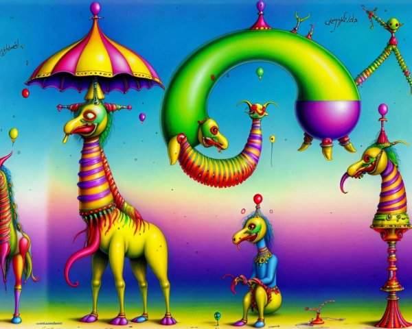 Vibrant Illustration of Whimsical Creatures and Balloons