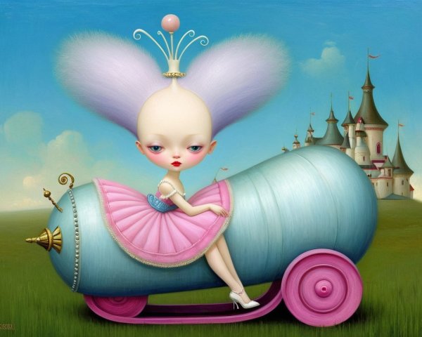 Whimsical Character on Pastel Cannon Vehicle in Fantasy Landscape