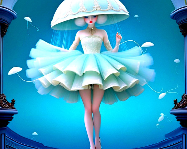 Whimsical Character in Aqua Dress with Jellyfish Headpiece