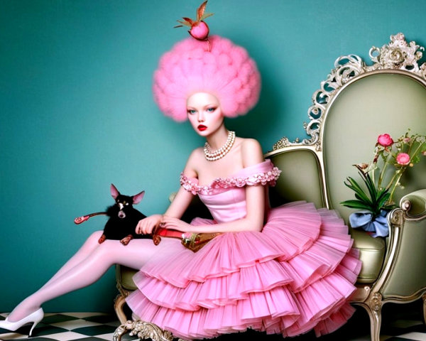 Glamorous Woman in Pink Attire with Fluffy Dog