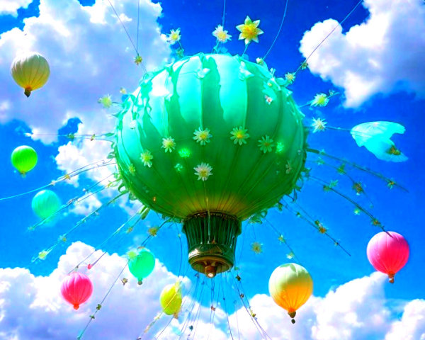 Vibrant Hot Air Balloon in Clear Blue Sky with Clouds