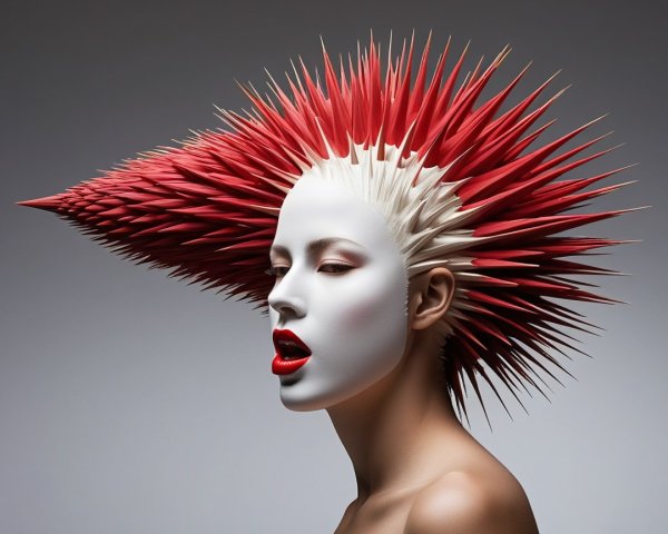 Portrait of a woman with spiky red and white hair