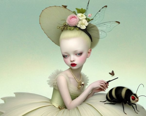 Surreal Portrait of a Delicate Girl with Floral Headpiece