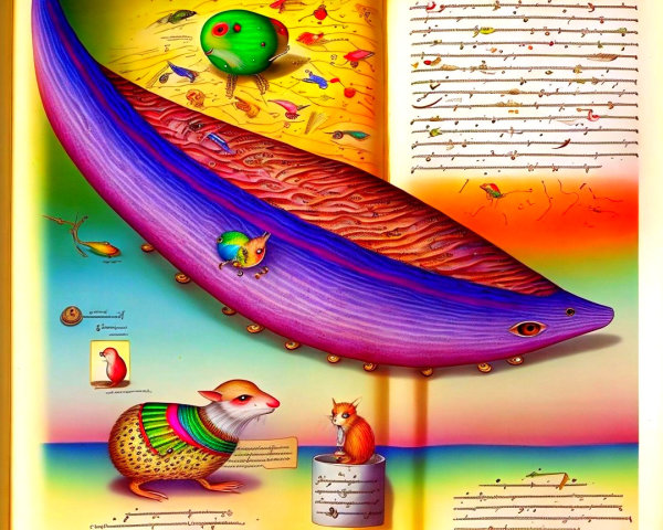 Surreal Illustration of a Whale-like Creature and Animals