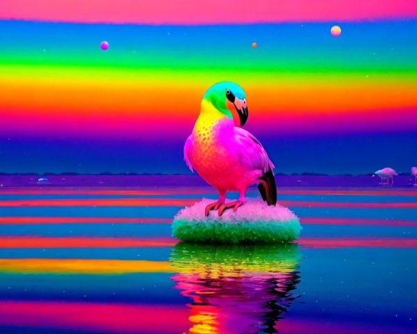 Vibrant Parrot on Colorful Island in Psychedelic Water