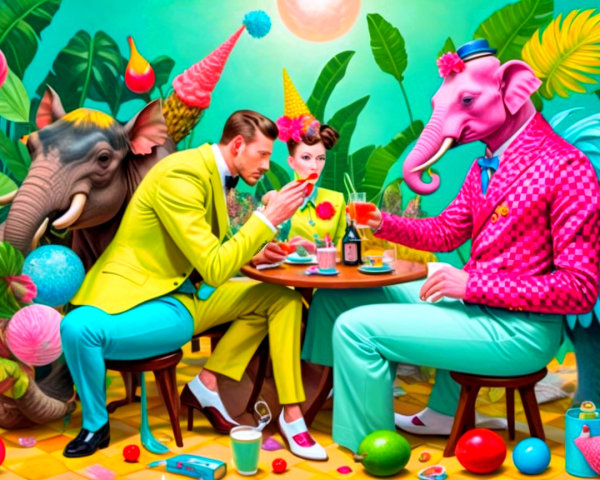 Surreal Jungle Cafe Scene with Colorful Characters