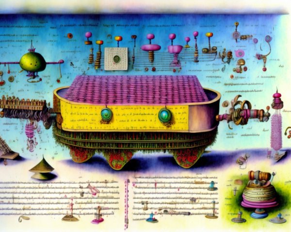 Abstract Illustration of a Yellow Machine with Orbs