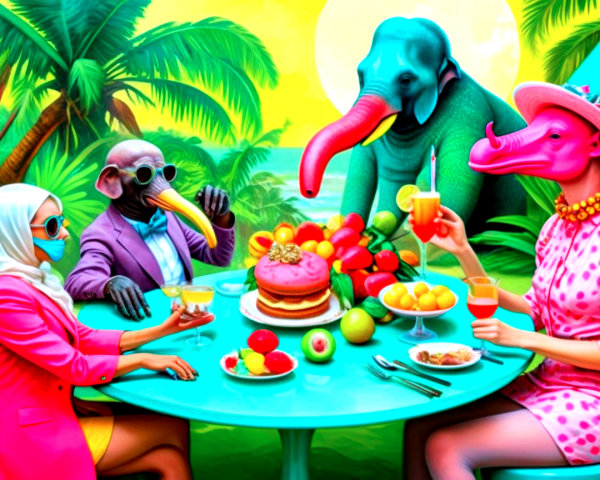 Surreal Painting of Anthropomorphic Figures at Table