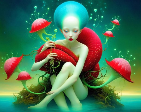 Serene Figure Amidst Vibrant Mushrooms and Nature
