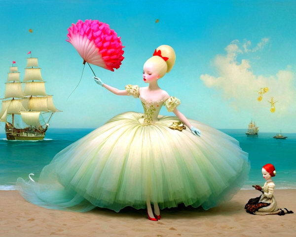 Elegant Doll in Light Green Gown on Sandy Beach