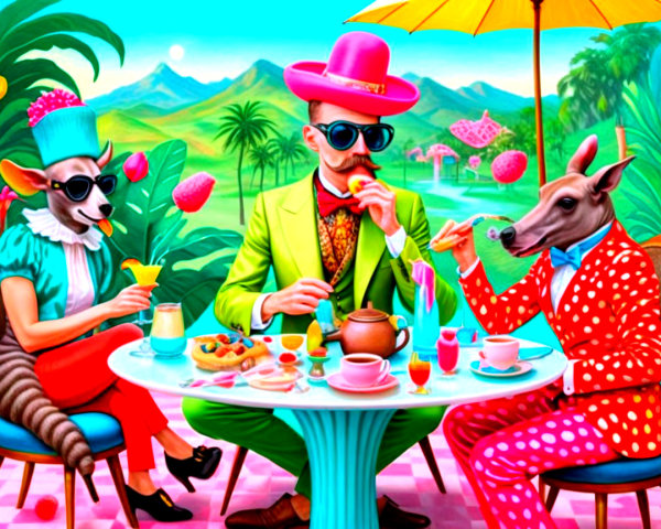 Whimsical Tea Party Illustration in Fantasy Landscape