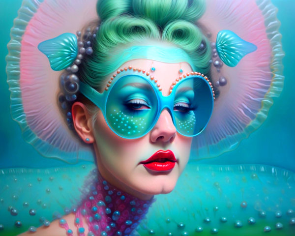 Fantastical Woman with Green Hair and Oceanic Theme