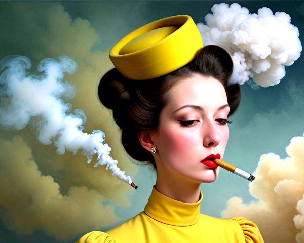 Vintage Woman in Yellow Dress with Cigarette and Smoke