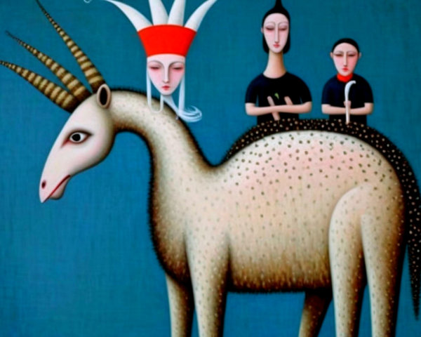 Naive Art Oil Painting of Spotted Animal and Figures