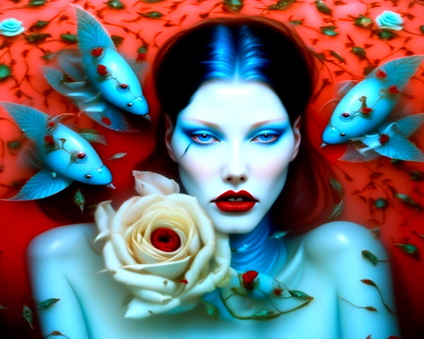 Surreal Scene of Woman in Red Fluid with Fish and Roses