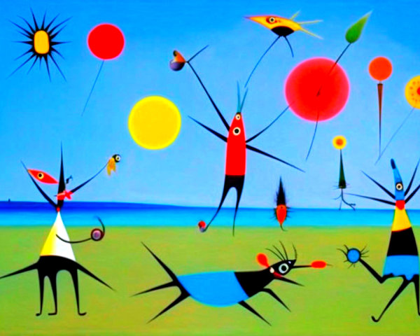 Surrealist landscape with abstract creatures and bright colors