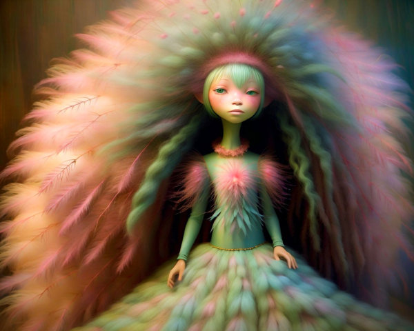 Full body portrait of a feminine alien doll in teal dress