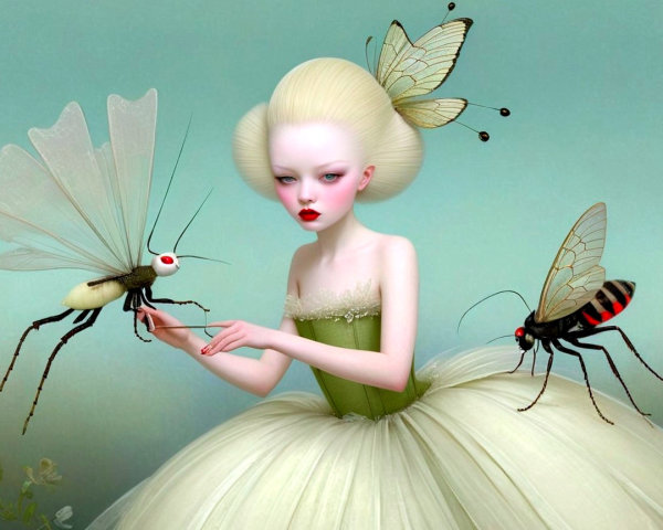 Whimsical Fairy-Tale Scene with Ethereal Figure and Insects