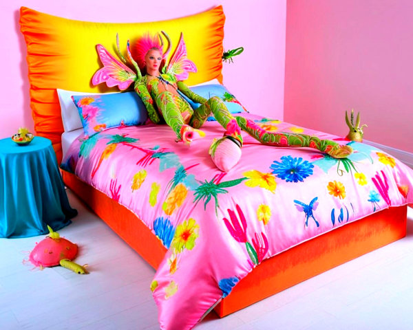 Surreal Bedroom Decor with Colorful Doll and Bedding