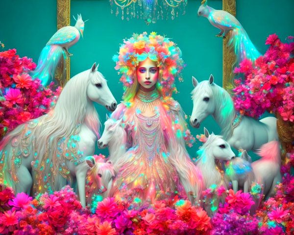 Ethereal Scene of Woman in Gown with Unicorns and Flowers