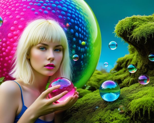 Young Woman with Crystal Ball in Dreamlike Landscape