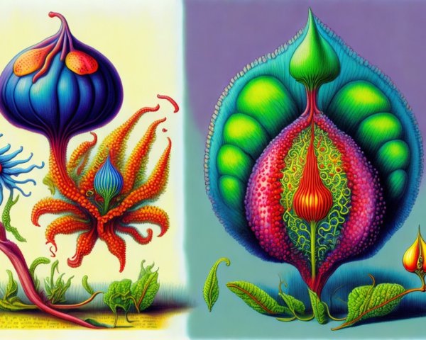 Vibrant Fantastical Flowers in Surreal Botanical Scene