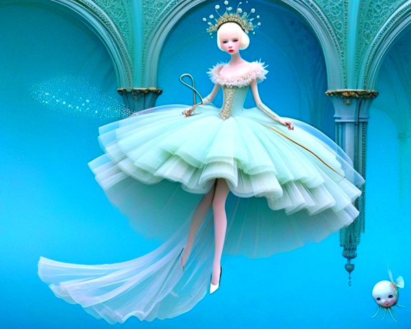 Whimsical Fantasy Scene with Doll-Like Figure and Jellyfish