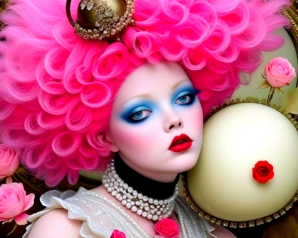 Surrealist Portrait of Doll-like Figure with Vibrant Features
