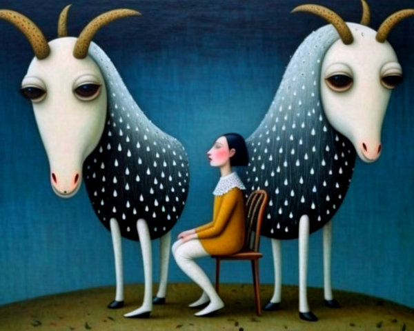Surreal Painting of Woman and Goat-like Creatures