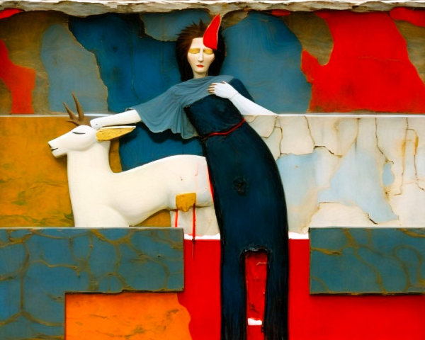 Still Life of Wooden Sculpture with Deer and Geometric Background