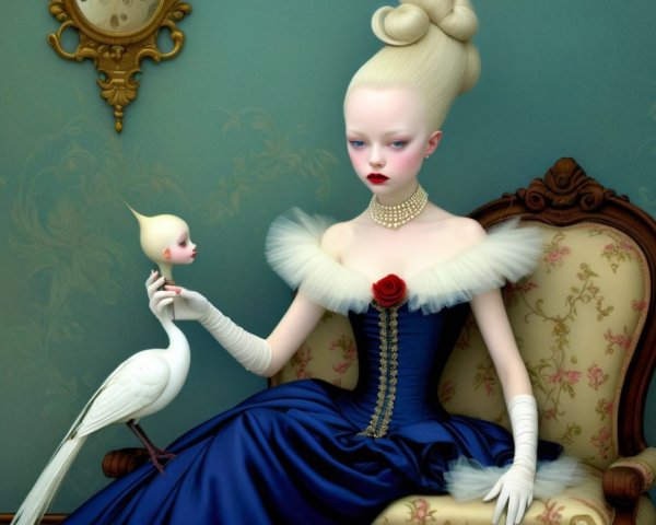 Elegant Woman in Blue Gown with Whimsical Figure