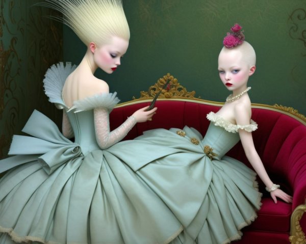 Elegant Figures on Lavish Red Sofa in Pastel Gowns