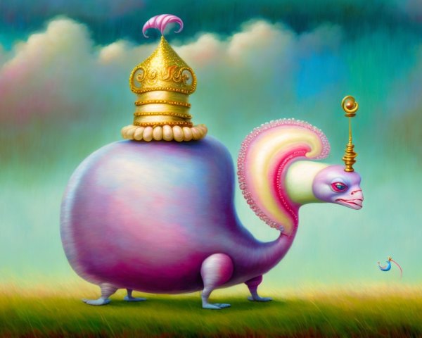 Whimsical Bird-Snail Hybrid in Pastel Landscape