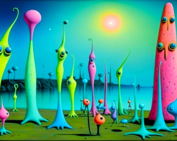 Whimsical Alien Landscape with Colorful Creatures
