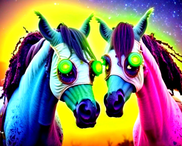 Psychedelic Horses with Glowing Eyes in Surreal Scene