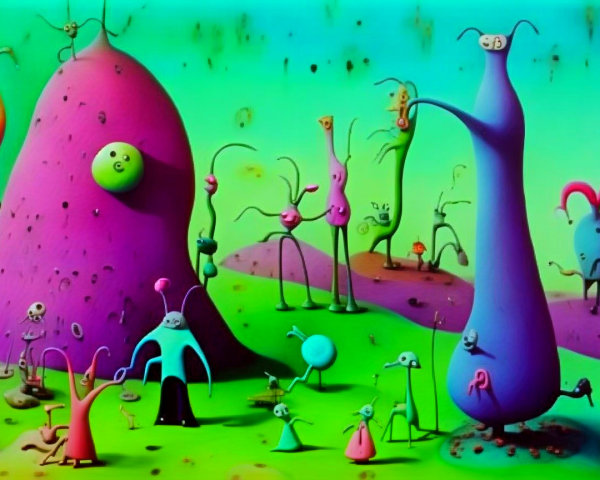 Surreal Vibrant Alien Landscape with Whimsical Creatures