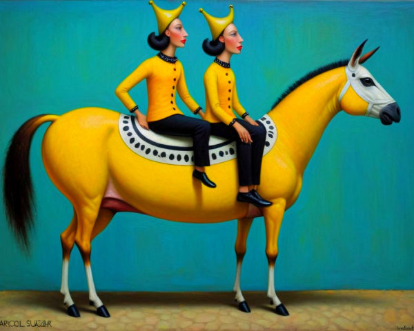 Whimsical Painting of Two Identical Figures on Horse