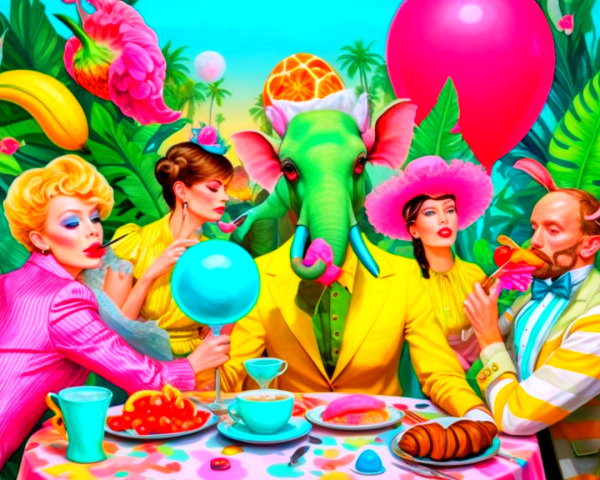 Characters Enjoying Tea Break at Checkered Table