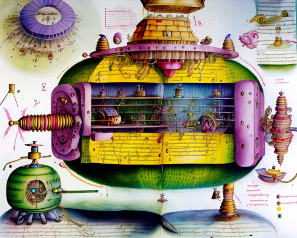 Whimsical Mechanical Device Illustration with Steampunk Elements