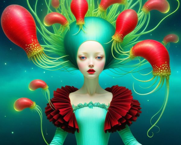 Surreal Portrait of a Woman with Teal Jellyfish Hair