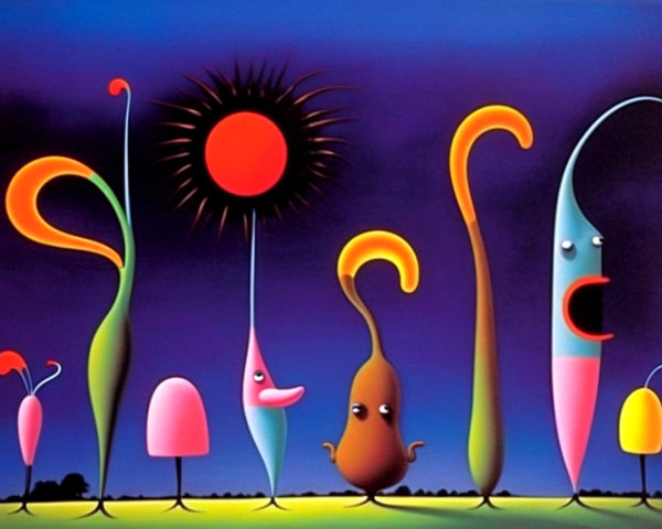 Surreal Colorful Painting of Abstract Plant Creatures