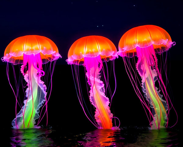 Bioluminescent Jellyfish in a Starry Lake Setting