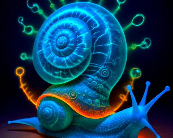 Bioluminescent fantasy snail with intricate patterns