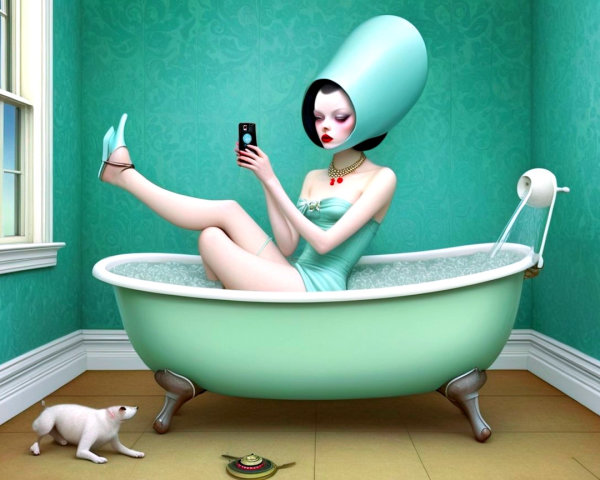 Oil Painting of Woman in Bathtub with Dog and Decor