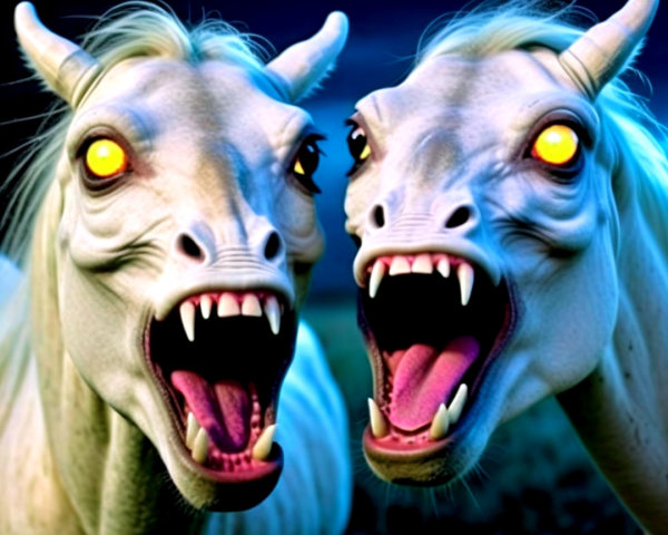 Ghostly White Horses with Glowing Eyes and Fangs