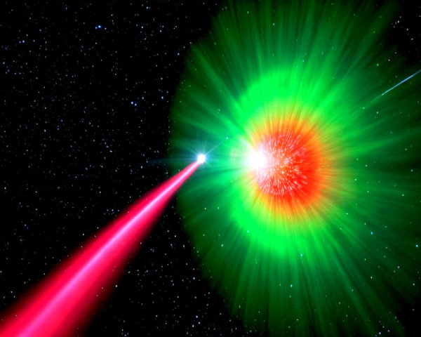 Cosmic Scene with Star and Crimson Laser Beam