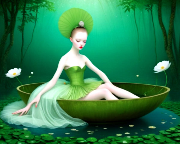 Female Figure in Green Bowl Surrounded by Lily Pads